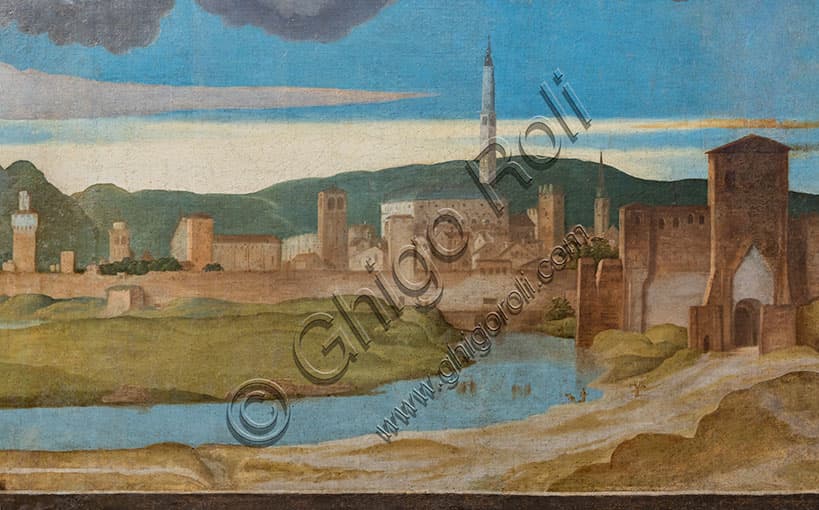 Detail of the renaissance view of Vicenza in the painting Madonna of the Stars by Lorenzo Veneziano and Fogolino, Church of Santa Corona