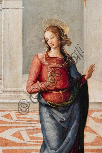 Dettaglio del volto della Vergine Maria nel dipinto Annunciazione del Perugino, Galleria Nazionale dell'Umbria