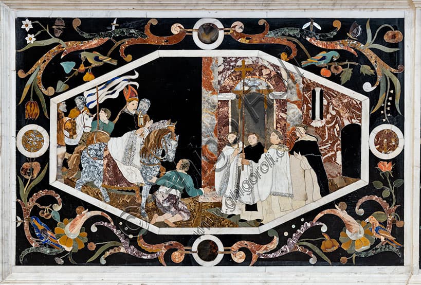 Detail Bishop Bartholomew entering Vicenza, marble inlay main altar St. Corona Church Vicenza