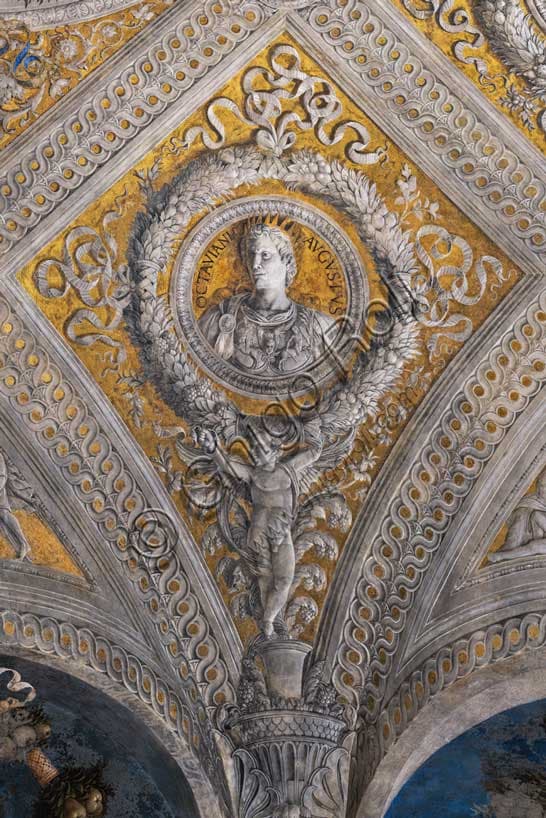 Detail Camera Picta vault: golden lozenge with circular garland and portrait of Octavian Augustus supported by putto, fresco by Andrea Mantegna, Ducal Palace Mantua