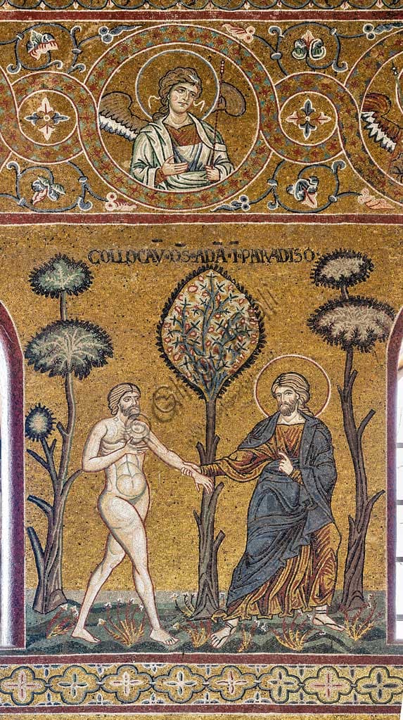 Dettaglio del mosaico bizantino Dio introduce Adamo nel Paradiso Terrestre, Duomo di Monreale, Sicilia