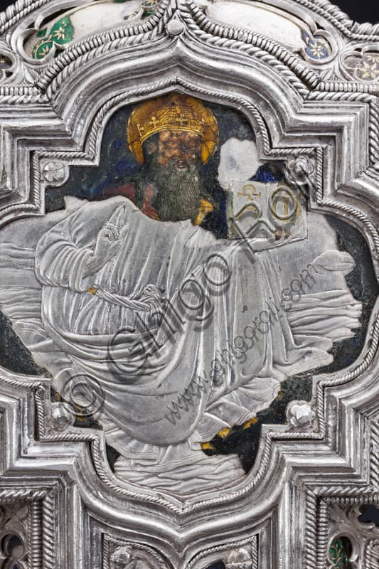 Detail of the recto of the Cross of St. John's Treasure, God the Father with Alpha and Omega, Renaissance silverwork, Opera del Duomo Museum Florence