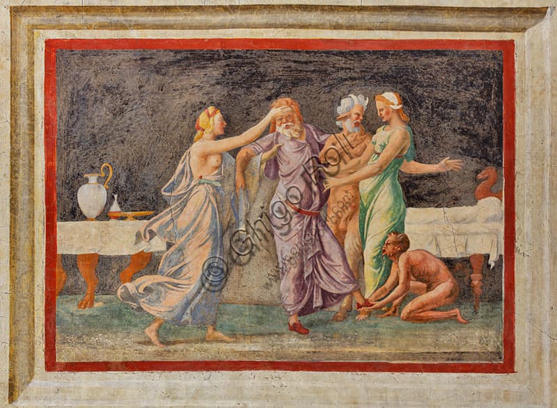 Dettaglio dell'affresco rinascimentale del Dio Dioniso ubriaco, Palazzo Te Mantova, Camera di Ovidio