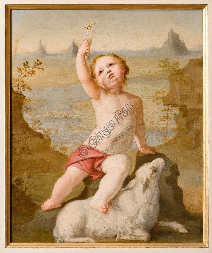 Antique painting Infant St. John in oil on cardboard, Assicoop-Unipol Collection