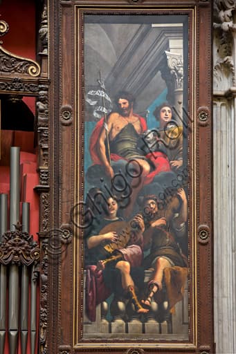 Dipinto San Giovanni Battista e San Lorenzo di G. Benso, interno anta organo Forlani, Duomo Cattedrale di San Lorenzo Genova