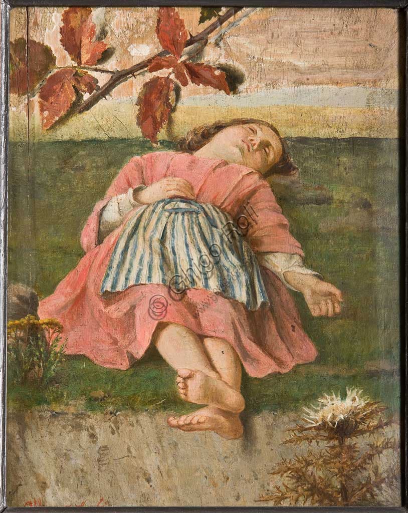 Painting The Sleeping Little Girl by Albano Lugli, oil on cardboard, Assicoop Unipol collection