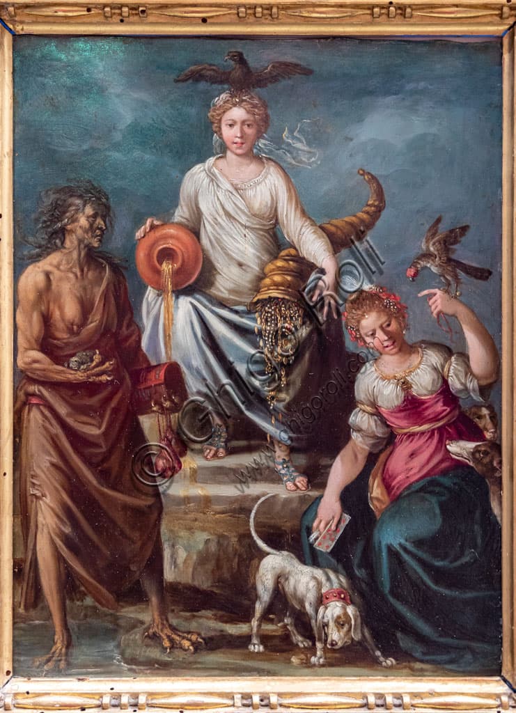 Baroque painting 'Abundance, with Avarice and Idleness' from the entourage of Cavalier d'Arpino, oil on copper, Pinacoteca Tosio Martinengo, Brescia, Italy