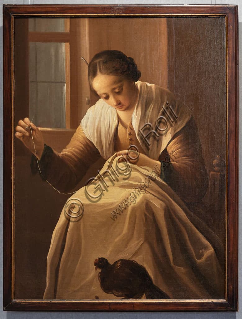Painting Sewing Girl by Antonio Cifrondi, Pinacoteca Tosio Martinengo Brescia Italy