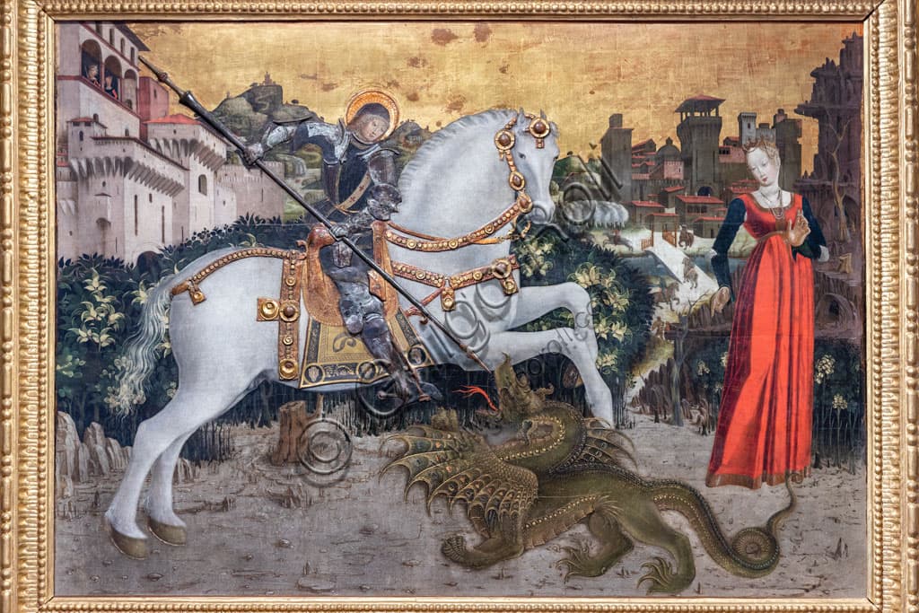 Painting St. George and the Dragon, tempera on panel with water gilding and silver leaf, Brescian school 1460-1465, Pinacoteca Tosio Martinengo