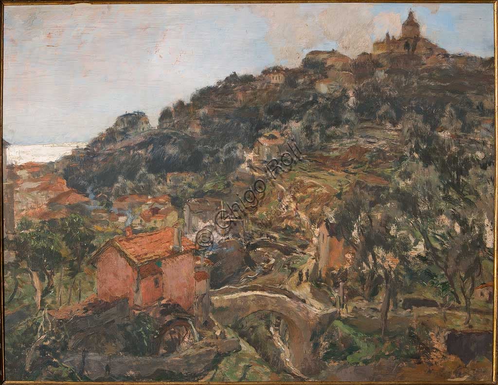 Sanremo painting by Giuseppe Graziosi, oil on plywood, Italian seaside landscape