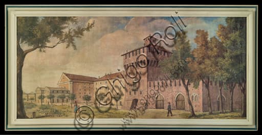 Dipinto a tempera raffigurante il Castello di Mirandola, opera anonima della Collezione Assicoop-Unipol.