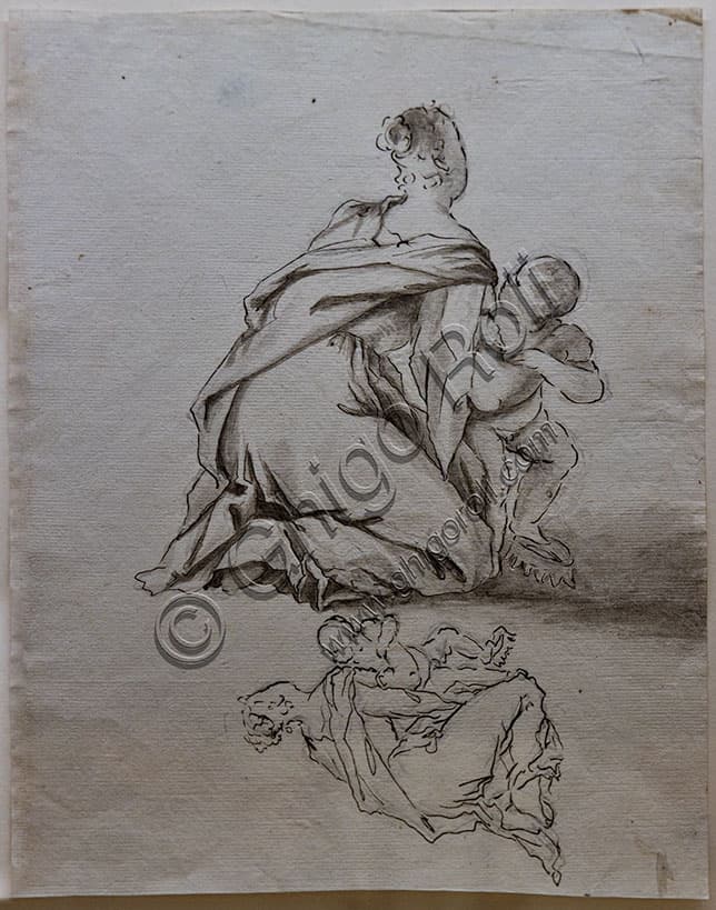 Studio disegno a penna e acquerello Madonna con Bambino che calpesta una corona, Giovanni Antonio de Pieri lo Zoppo, 1716