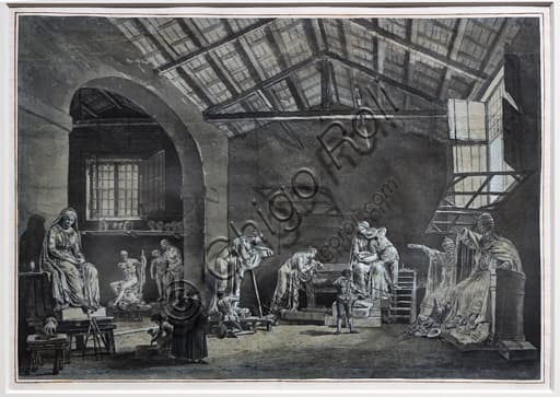 Watercolor and pen drawing of Antonio Canova's Roman studio by Francesco Chiarottini, circa 1785