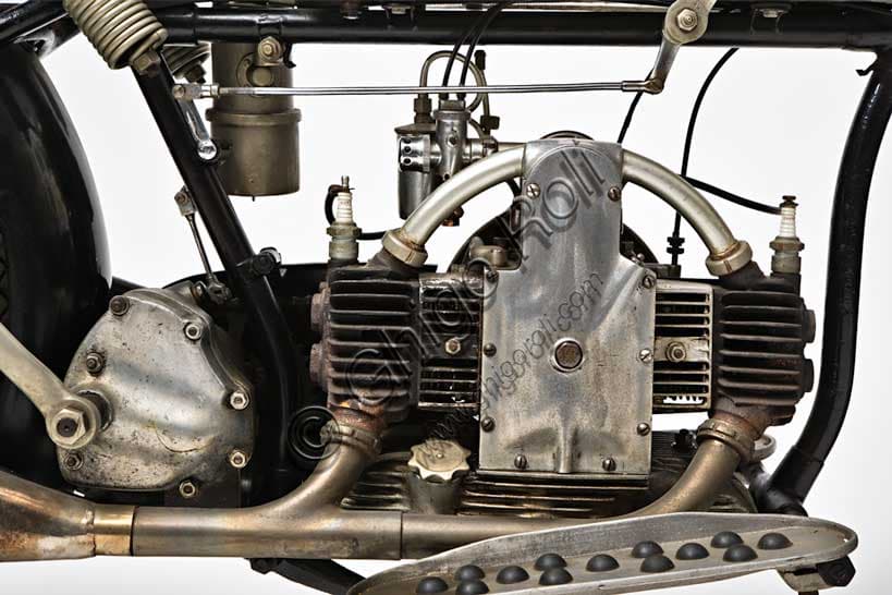 Fully restored 1930 Douglas EW 350 vintage motorcycle with longitudinal boxer engine.