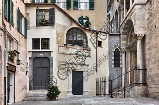 View of the portal of Santa Maria della Vittoria and the Baptistery, Genoa Cathedral, Genoa Liguria Italy