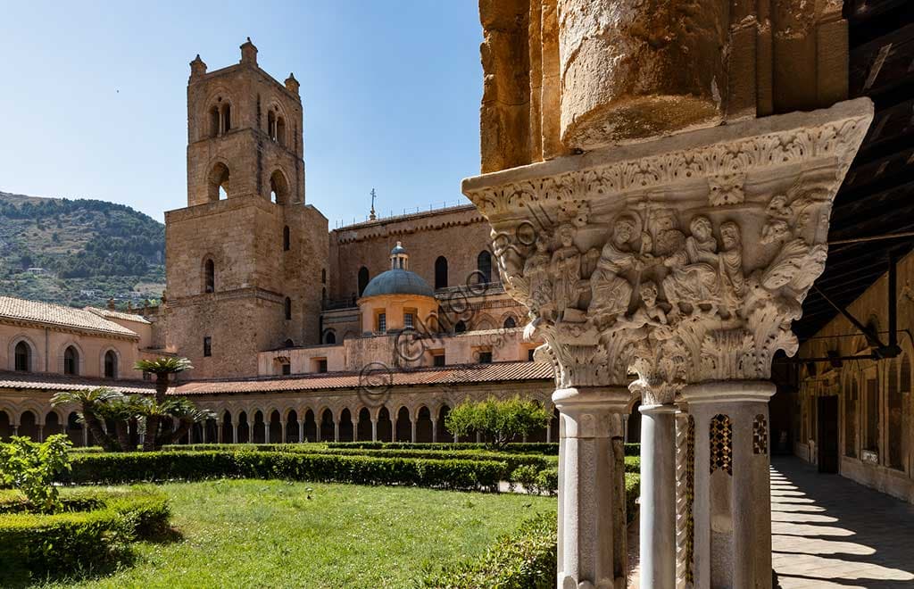 Duomo di Monreale, veduta campanile e capitello E24 con Resurrezione di Cristo, XII secolo