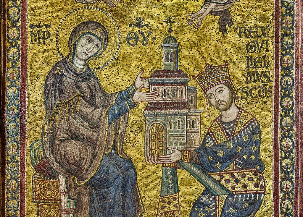Dettaglio del mosaico bizantino nel Duomo di Monreale con Re Guglielmo II che offre la chiesa a Maria Vergine