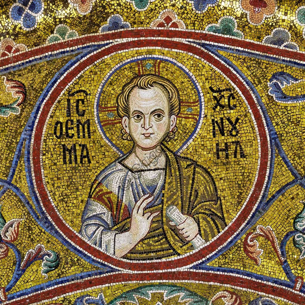 Mosaico bizantino Gesù Cristo Emmanuel, dettaglio dell'arco absidale del Duomo di Monreale in Sicilia