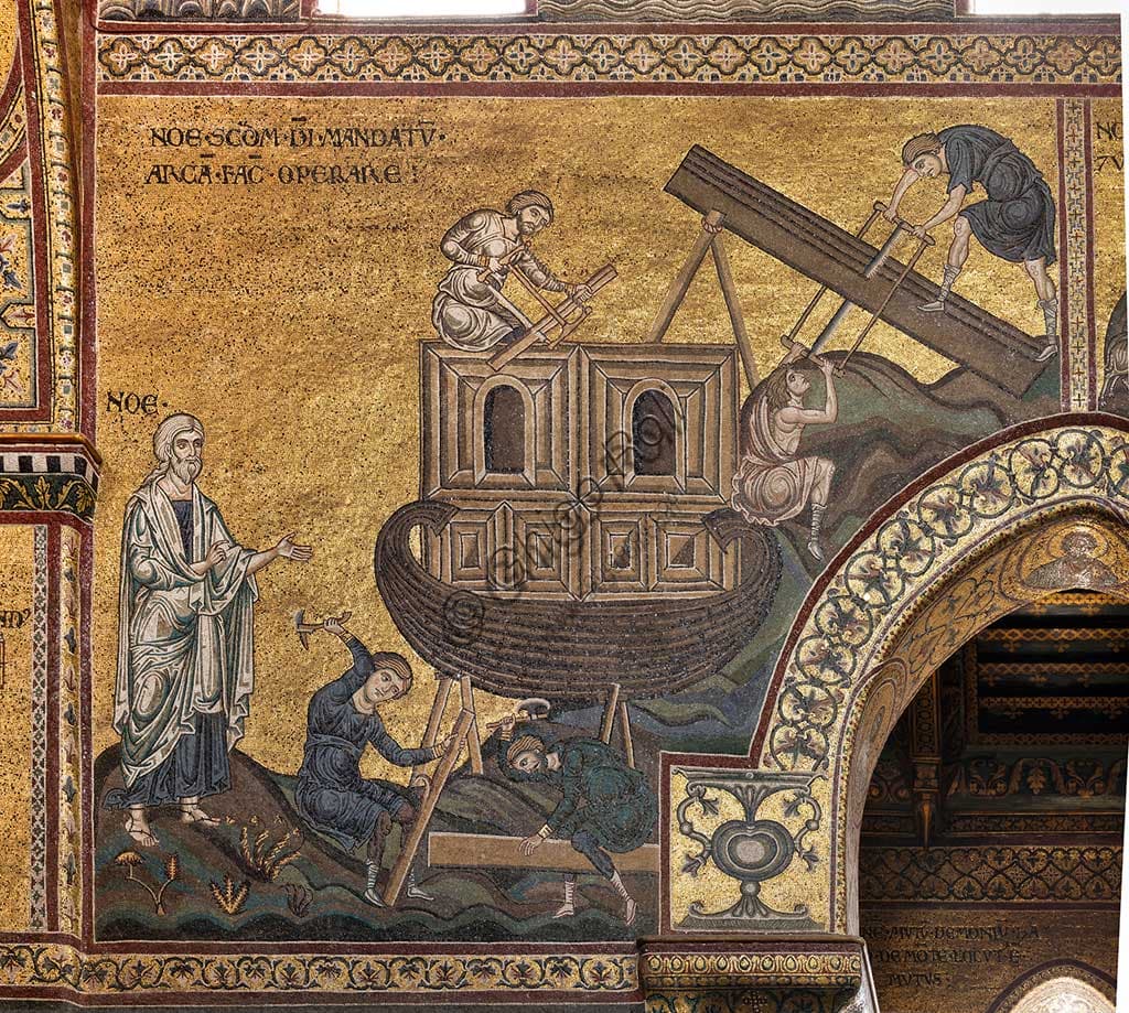 Mosaico bizantino del Duomo di Monreale: scena di Noè che costruisce l'Arca