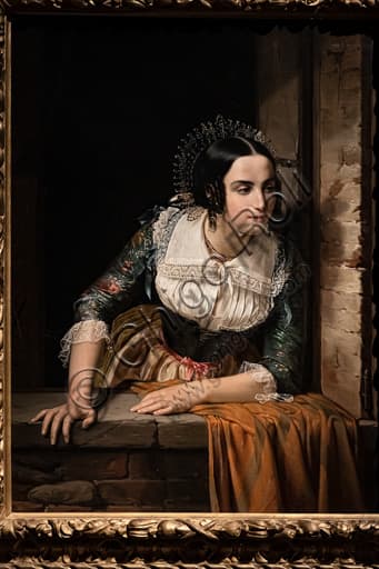 Dipinto "Lucia Mondella alla finestra" di Eliseo Sala, olio su tela 1843, ispirato ai Promessi Sposi