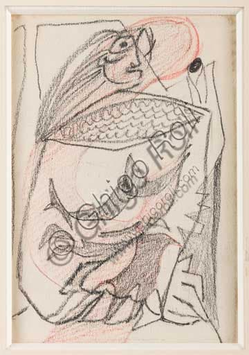 Small sketch for a Cassandra, pencil and red pastel drawing by Futurist artist Enrico Prampolini