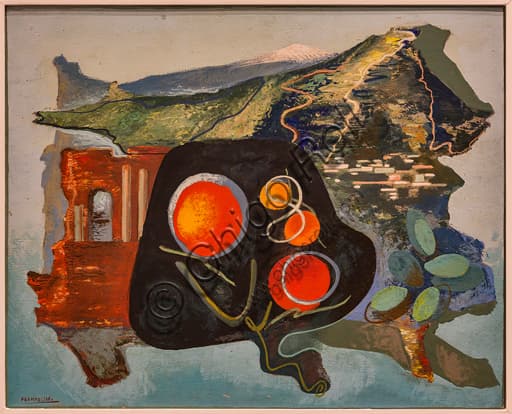 Summary of Taormina, oil on cardboard painting by Enrico Prampolini, 1938, Museo Novecento Florence collection