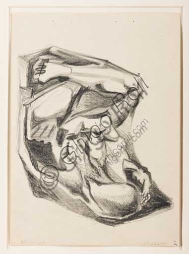 Study for a figure on a sculpted drape, pencil on paper drawing by Enrico Prampolini, Assicoop-Unipol Collection