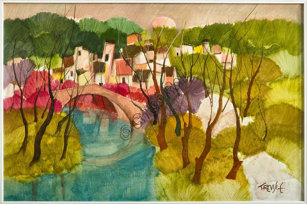 Quadro Paesaggio di Enzo Trevisi, olio su tela, dipinto italiano del Novecento