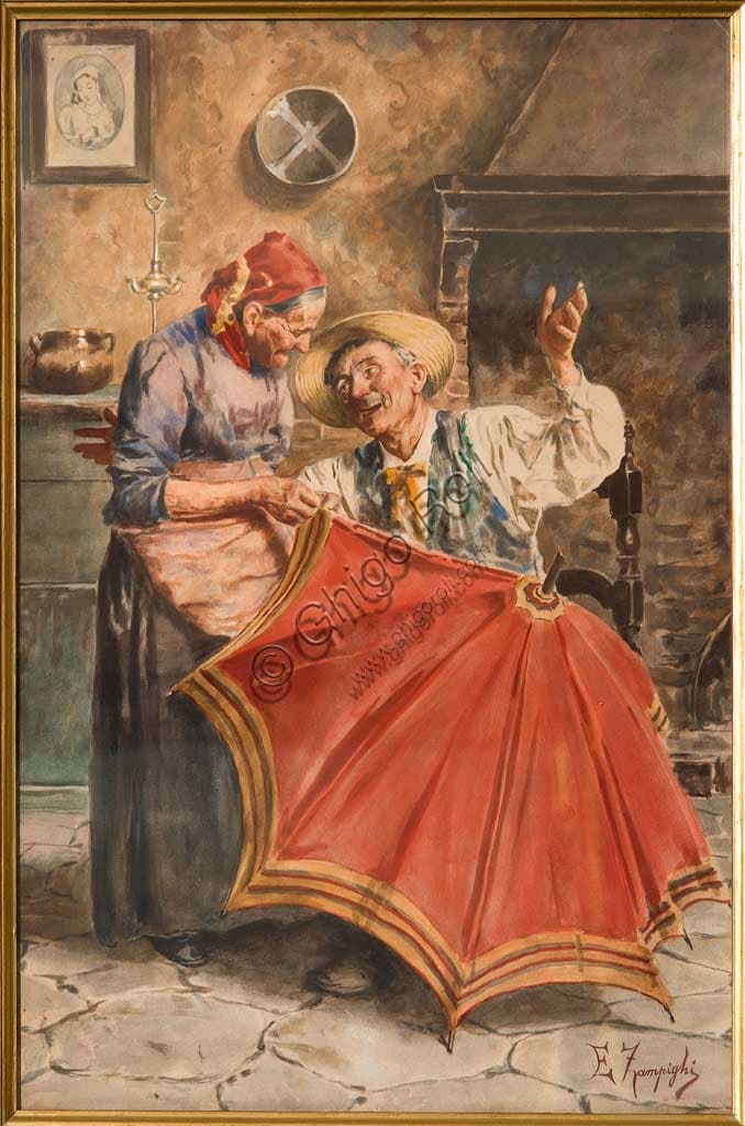 Acquerello Interno con due figure di Eugenio Zampighi, pittura italiana del XIX-XX secolo, cm 53x35