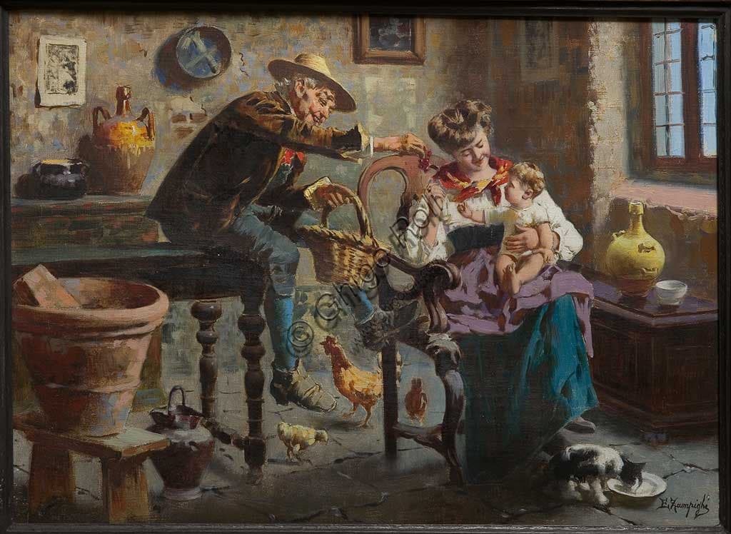 Oil on canvas painting Scene with a Man Woman and Babygirl by Eugenio Zampighi, Assicoop-Unipol Collection