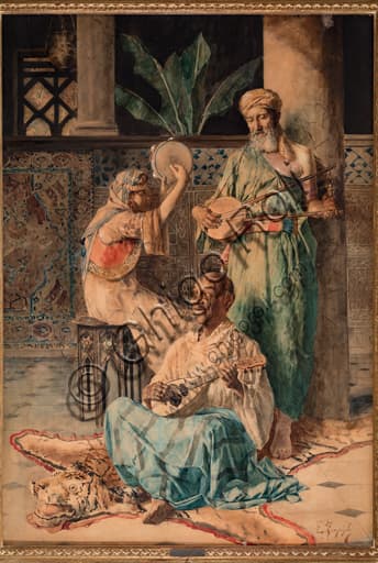 Dipinto Tre suonatori orientali di Eugenio Zampighi tempera su carta