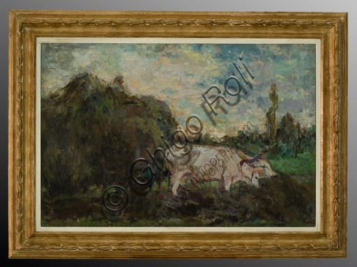 Evaristo Cappelli Oxen painting - oil on canvas 53x79 cm featuring bovine subjects