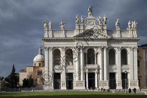 Monumental facade of the Papal Archbasilica of St. John Lateran, Cathedral of Rome, in Baroque style