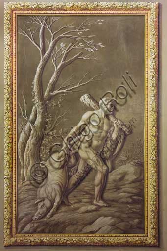 Detail of the monochrome wall painting depicting a Labour of Hercules, by Giuseppe Velasco in 1812, in the Hercules Hall of the Palace of the Normans, Palermo.