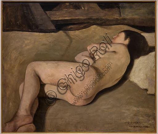 Painting Nude Woman (Study for the afternoon) by Felice Casorati, 1922, oil on cardboard, Museo Novecento Florence
