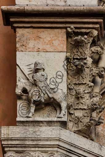 Sculptural detail of the knight on the façade of Ferrara Cathedral, Cathedral of St. George