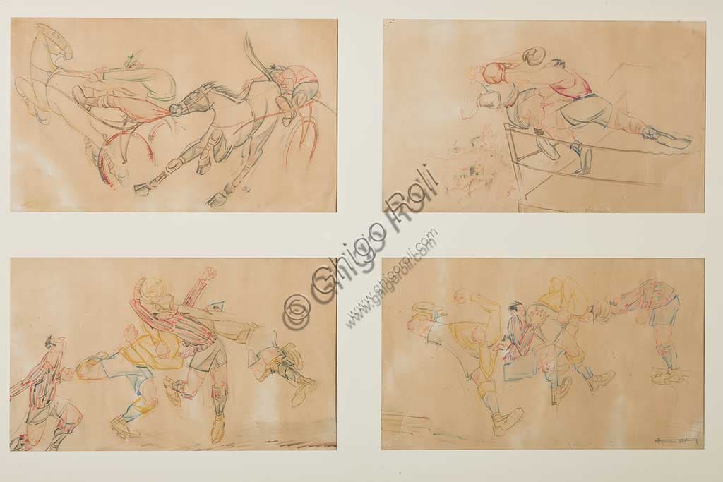 Four Caricature, artwork by Ferruccio Venturelli, mixed media on paper 22x36.5cm, Assicoop Unipol Collection