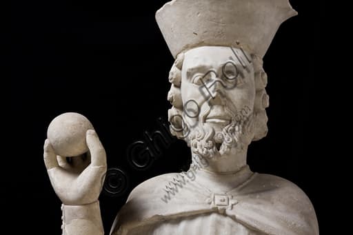 Detail of marble Virile Standing Figure sculpture, Master of Giano, Museum of St. Augustine Genoa Italy