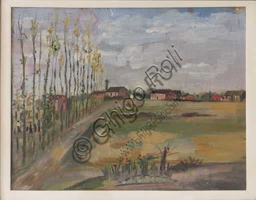 Painting Ferrara Countryside 1919 by Filippo De Pisis, oil on board