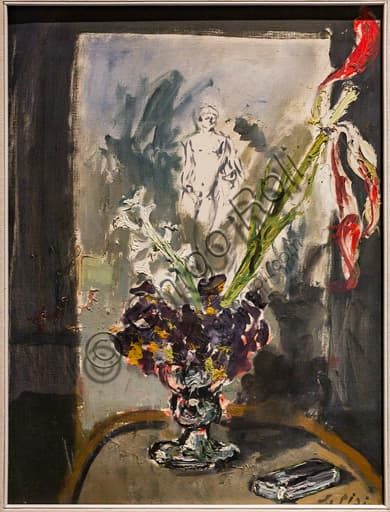 Dipinto Natura morta con vaso di fiori e tela con nudo maschile di Filippo De Pisis, 1930, olio su tela, Museo Novecento Firenze
