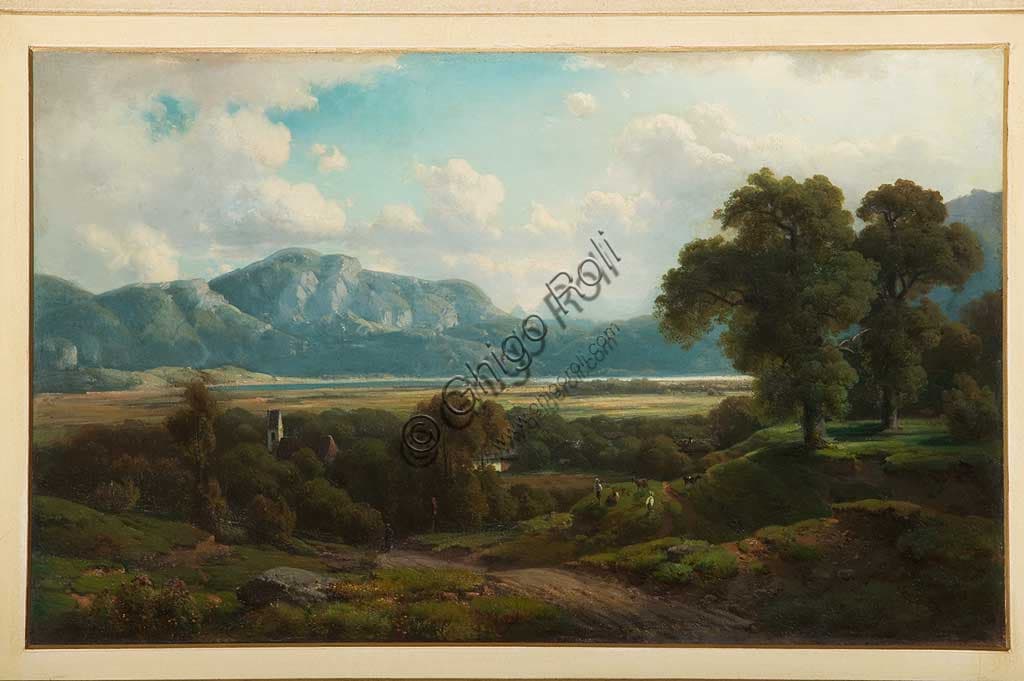 Painting Archaic Landscape by Filippo Reggiani, oil on panel, 43.5x70.5 cm, Assicoop-Unipol Collection
