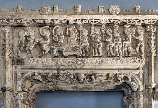Detail of the late Gothic carved window from Marongiu Palace in Sassari, depicting the triumphal entry of Angelo Marongiu