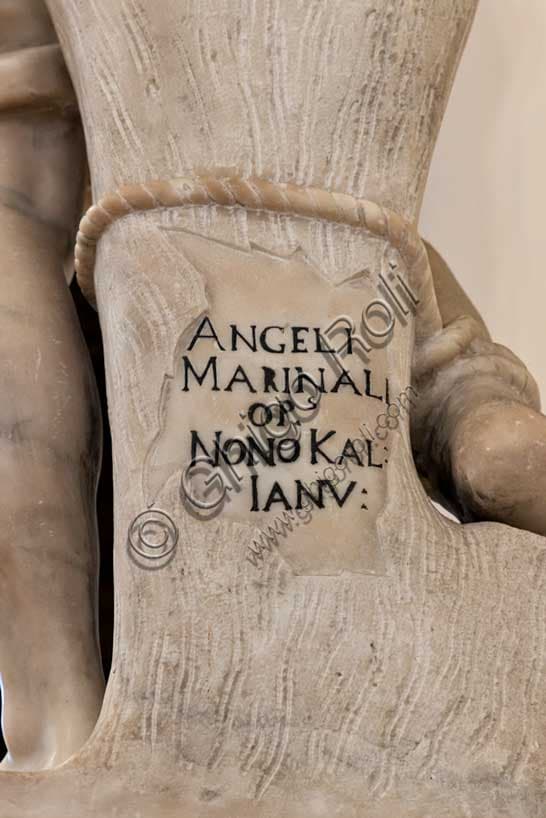 Signature of sculptor Angelo Marinali and detail of the Baroque sculptures at the main altar, Church of St. Corona, Vicenza