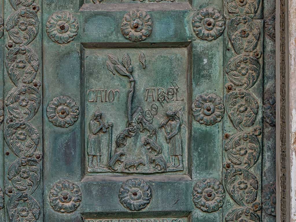 Formella bronzea della Porta di Bonanno Pisano con la scena di Caino e Abele, Duomo di Monreale, Palermo, Sicilia