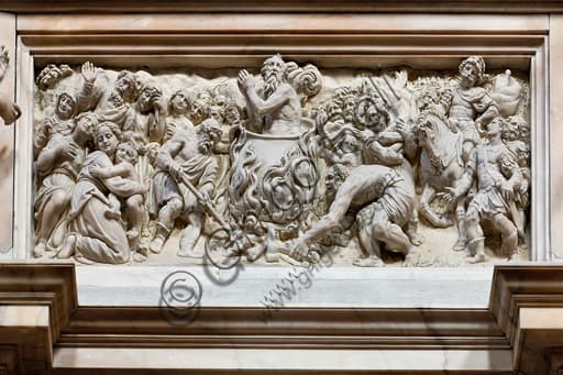 Sculptural tile The Martyrdom of Saint John the Evangelist, Genoa Cathedral, Orsolino and Ceresola
