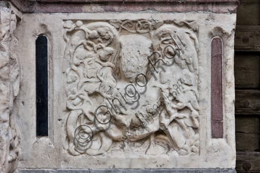 Romanesque sculpted panel of the main doorway, Genoa Cathedral, by the Master of the Ark of the Baptist, 1225