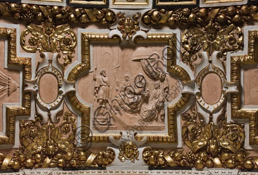 Formella terracotta Il Battista davanti a Erode, Cappella San Giovanni, Duomo di Genova