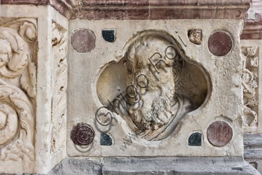 Sculptural panel Face of a bearded man, Master of the Ark of the Baptist, doorway St. Lawrence Cathedral Genoa