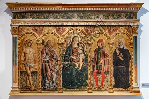Francesco Melanzio, Virgin and Child with the Saints Sebastian, Fortunatus, Severus and Claire da Montefalco, 1488, tempera on panel, Montefalco