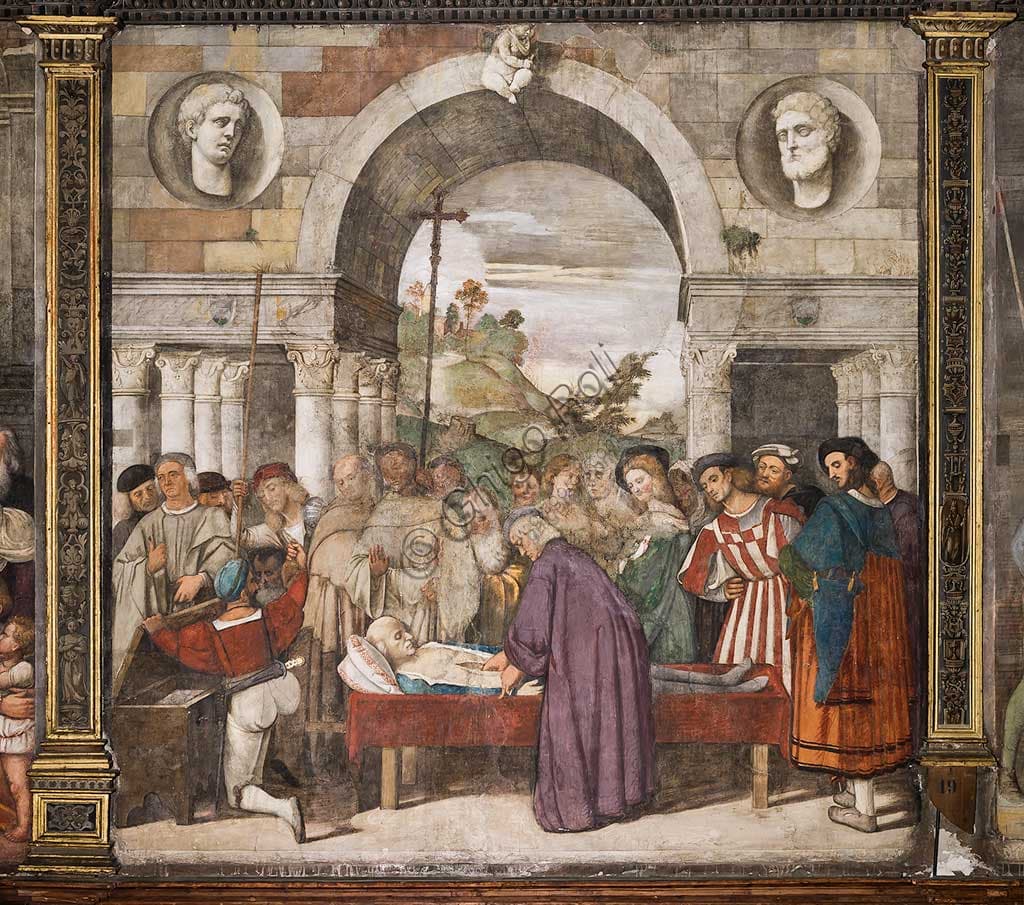 Detail fresco The heart of the miser in the casket, Francesco Vecellio, 1512, Scuola del Santo Padua